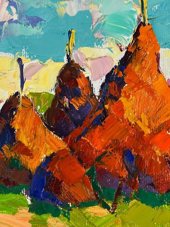 Image 1 of Original Oil Painting Nature Landscape Haystacks in a Field