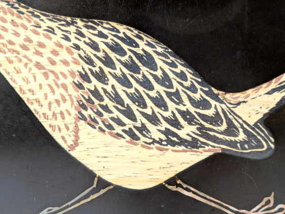 Image 1 of Grande vassoio di metà secolo di Couroc of Monterey | Intarsio Roadrunner | Resina fenolica nera