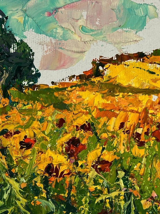 Image 1 of Peinture à l'huile originale, paysage naturel, tournesols d'été dans un champ