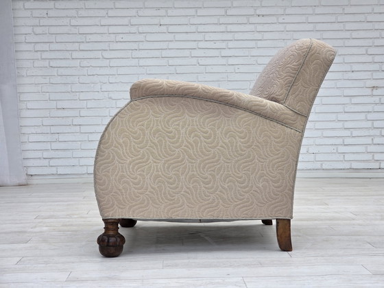 Image 1 of 1950s Danish Art Deco Armchair, Quality Beige Furniture Wool, Oak Wood Legs