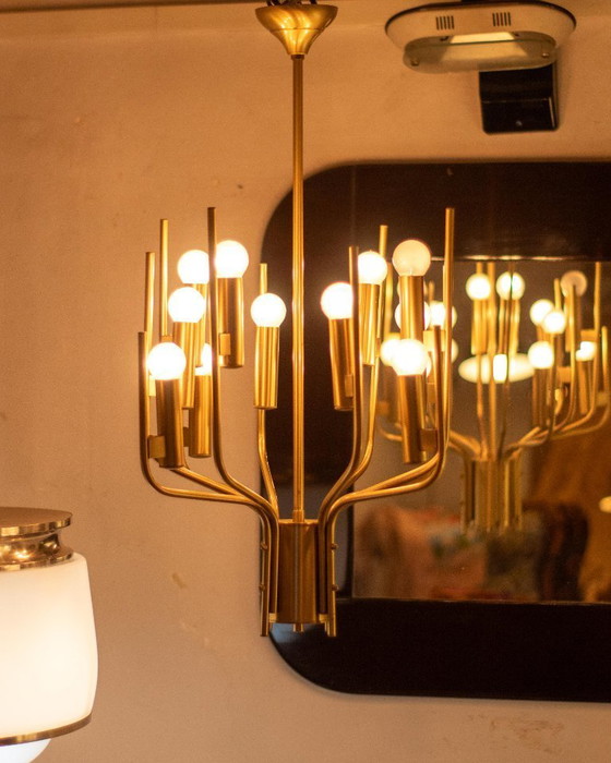 Image 1 of 1x Vintage Italian Brass Chandelier by Oscar Torlasco for Stilkronen, 1950s