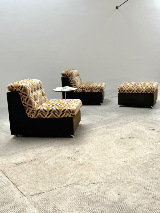 2x RETRO FAUTEUIL MODULAIRE ET OTTOMAN EN OUTIL JAUNE ORANGE MARRON 1970