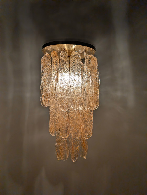 Image 1 of Lustre italien avec feuilles en verre de Murano ambre et caramel, 1970S