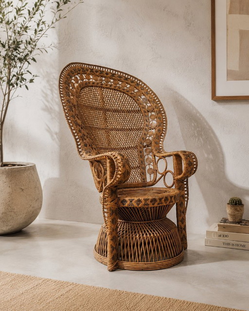 Vintage pauwenstoel van natuurlijk rotan — jaren 70