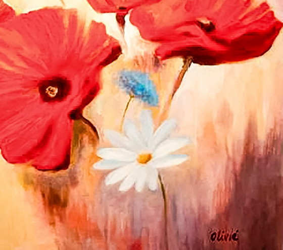 Image 1 of Cuadro al óleo de amapolas y margaritas firmado. Amapolas y margaritas al óleo. Pintura amapolas margaritas. Óleo con amapolas.