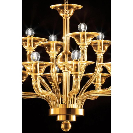 Moderner, bernsteinfarbener, linearer Kronleuchter aus Muranoglas in Gold im zeitgenössischen Stil