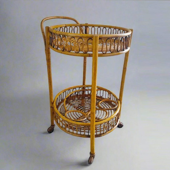 Image 1 of 1960s Gorgeous Bamboo & Rattan Serving Bar Cart Trolley by Franco Albini. Made in Italy