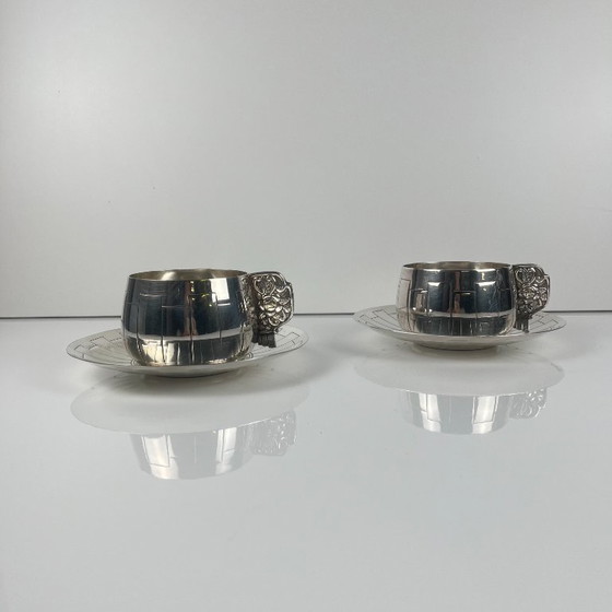 Image 1 of Pair of Art Deco silver-plated cups and saucers, Corbière & Vuillermoz (attributed), France, circa 1920/30.