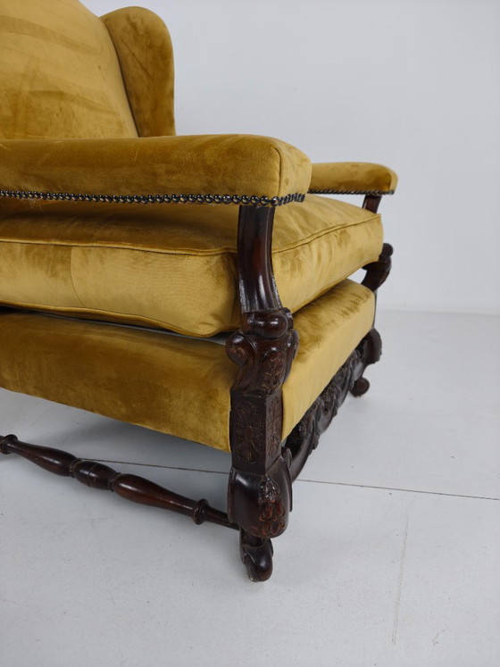 Pair of 19th-Century Carved Walnut Armchairs – Floral Motifs – Velvet Upholstery – Other (photo 3 of 8)