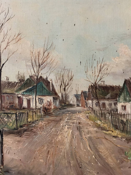 Vintage European Village Original Oil Painting with Cottages, circa 1940
