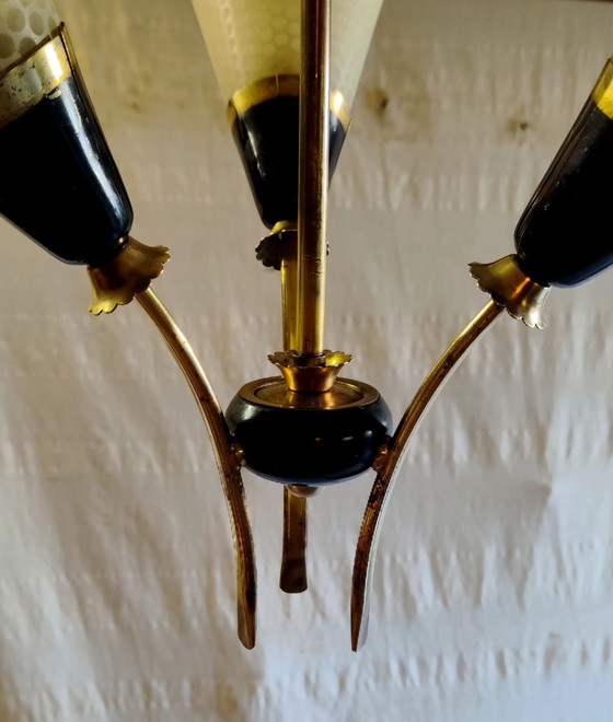 Lampadario a 3 luci in ottone e vetro - anni '50, Dorato (foto 9 di 10)
