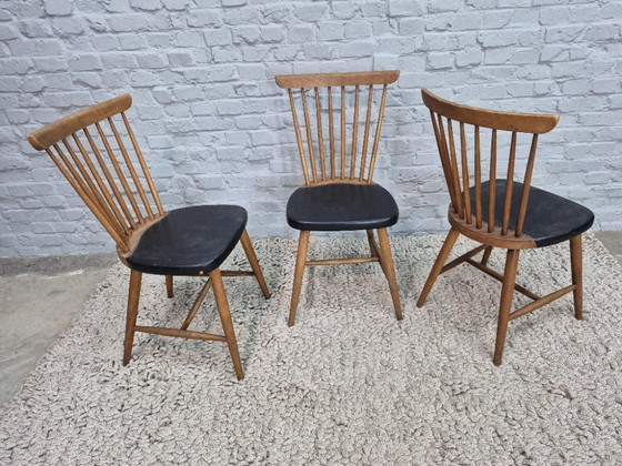 Image 1 of Vintage Design Set of Three Spindle-Back Kitchen Chairs – Teak Wood with Black Leatherette Upholstery, Scandinavia, 1960s