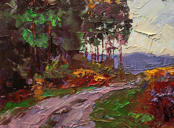 Original Oil Painting Autumn Nature Landscape The Road to the Forest – Paintings & Drawings, Canvas (photo 6 of 7)