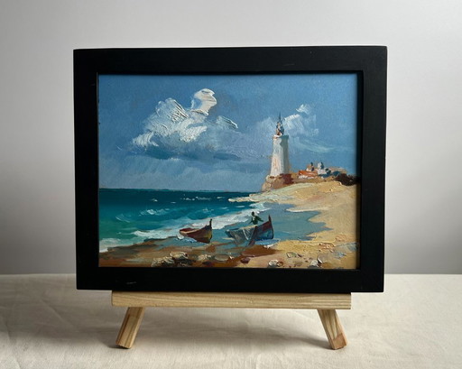 Peinture à l'huile originale, paysage marin d'été, bateaux au phare