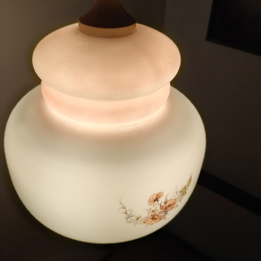 Vintage belgische Hängeleuchte aus Opalglas mit Blumenmuster – Deckenleuchte aus rosa Milchglas
