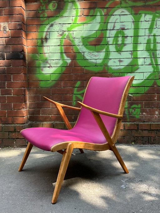 40er Jahre Lounge Chair | Buche & pinkes Echtleder – stoelen fauteuils, Leather, Wood