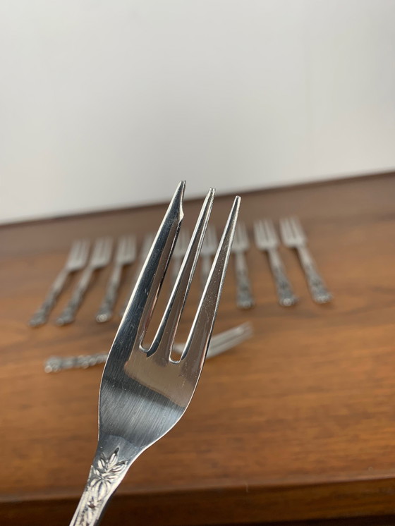 Image 1 of Set of 10+1 Japanese Stainless Steel Dessert Forks, Rose Pattern, 1970