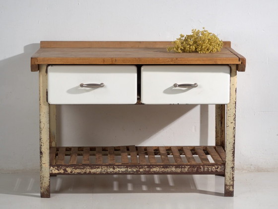 Table de Travail Industrielle – Europe Centrale (c.1950) – Bureaux, Iron, Industrieel (photo 2 of 40)