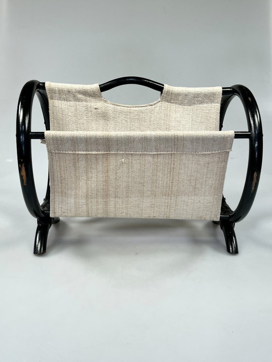 Image 1 of Leggio rotondo vintage / portariviste, rattan nero, anni '70