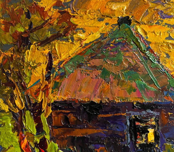 Image 1 of Original Oil Painting Summer House Landscape Warm evening in the village