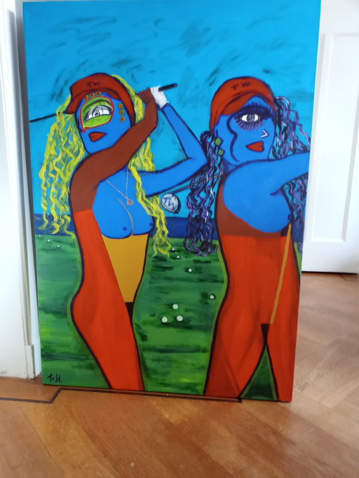 T. van Steenbergen "Playing Golf" 70 x 100 cm