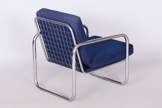 Originele Bauhaus-fauteuil, verchroomd staal, gereinigde bekleding, Tsjechisch, jaren 1950 – Metal, Textile (photo 5 of 11)