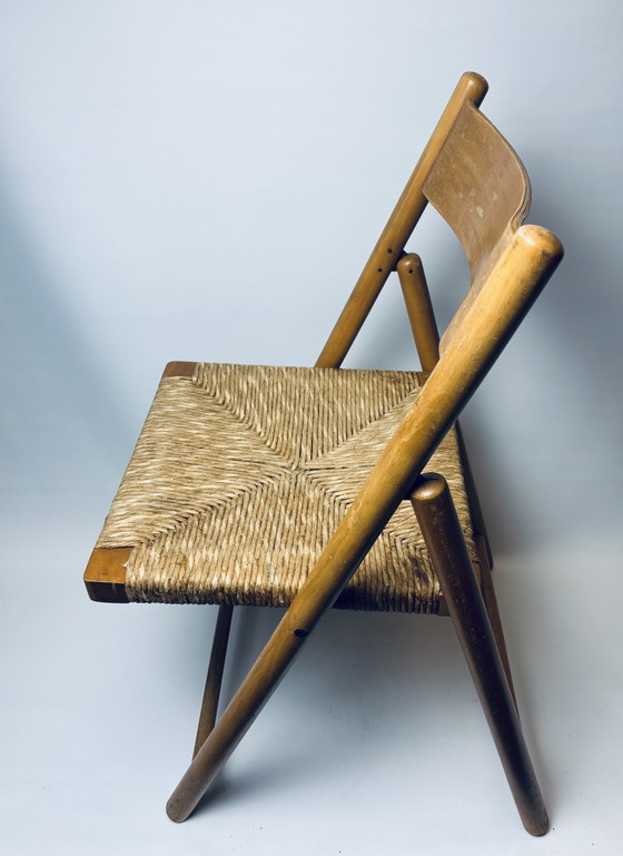 Image 1 of Set of 2 vintage wooden folding chairs with rattan seats – 1970s/1980s kg