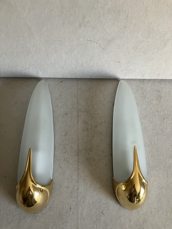 Image 1 of Coppia di lampade da parete vintage Marga, ottone e vetro satinato