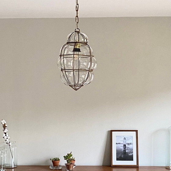 Image 1 of Lampadario in vetro sospeso in gabbia trasparente, stile lanterna veneziana, Murano antico