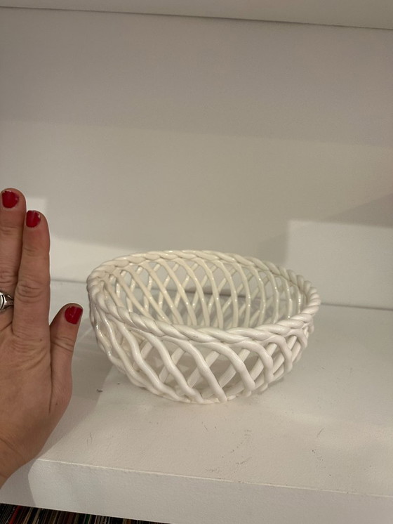 Image 1 of Vintage openwork white ceramic basket - Woven style - 60s/70s
