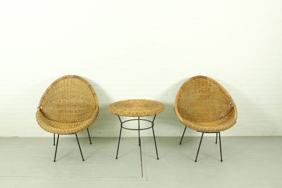 Image 1 of 1950s Italian Rattan Basket Chairs & Matching Bistro Table Set