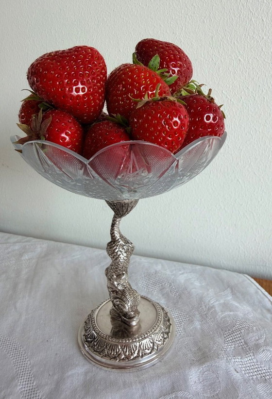 Image 1 of Zeldzame vintage verzilverde kristallen compoteschaal op een zeepaardje-onderzetter met keurmerk.