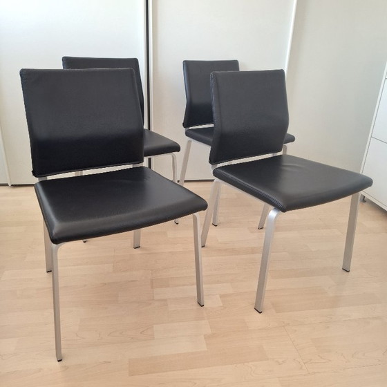 Image 1 of Set of 4 COR Fino Dining Chairs - Black Leather & Aluminum