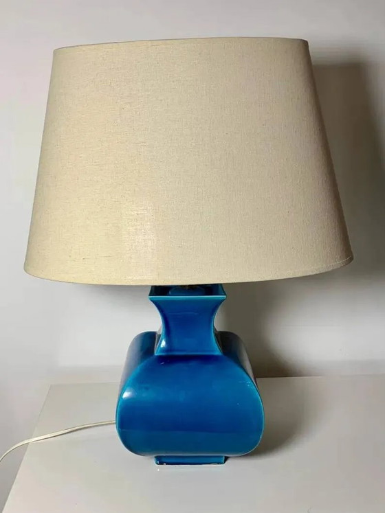 Vintage ceramic lamp Molin Charolles glazed turquoise blue - French 1970s, Table lamps, Porcelain (photo 2 of 8)