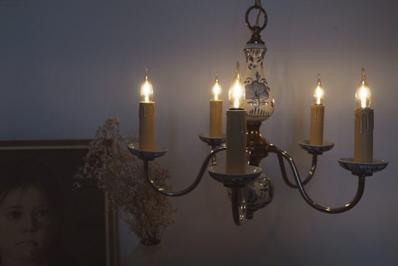 Image 1 of Antique Delft Blue Porcelain Chandelier Dutch Ceramic Ceiling Light Blue White Farmhouse Cottagecore Lighting
