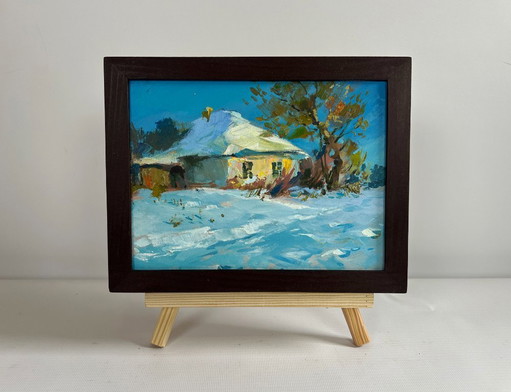 Origineel olieverfschilderij: Winterhuislandschap, prachtige winterochtend