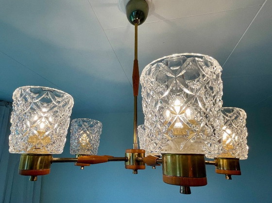 Image 1 of Mid-Century Swedish Chandelier in Teak, Brass & Pressed Crystal — 1960s Scandinavian Lighting