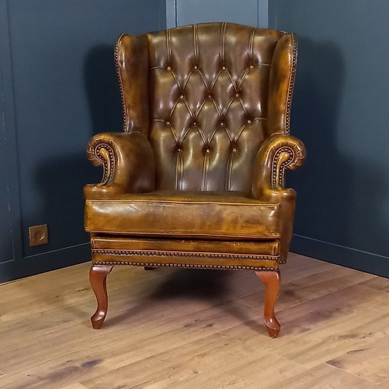 Image 1 of Cognac kleurige Vintage chesterfield fauteuil. 2 van 2