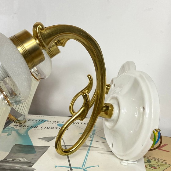 Pair of Antique Brass Wall Sconces with Flared Glass Tulip Shades and Gilding – Wall lights (photo 3 of 9)