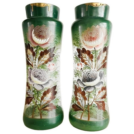 Set Antieke Victoriaanse Art Nouveau Vergulde Gouden Handbeschilderde Bloemen Groen Glazen Vaas 33 cm 1900's