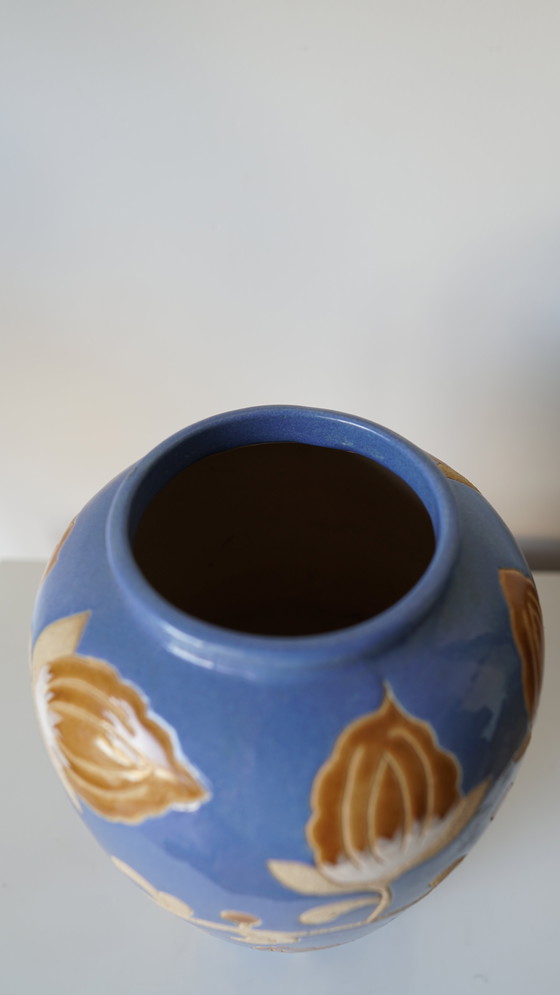 Image 1 of Vase En Grès Vernissé - Décor Floral En Relief - Style Keramis - Années 70/80