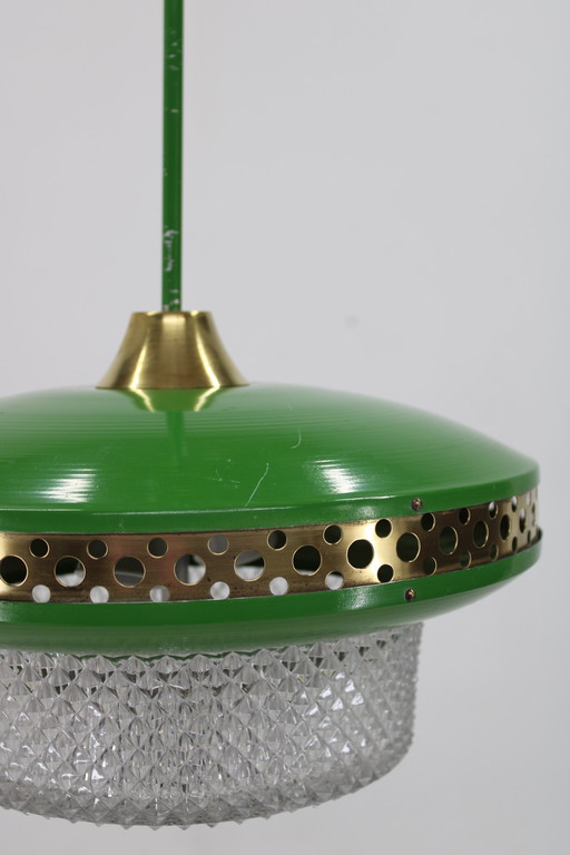 Vintage Space Age pendant lamp in green metal and brass for Ludib Bratislava, Czechoslovakia 1970