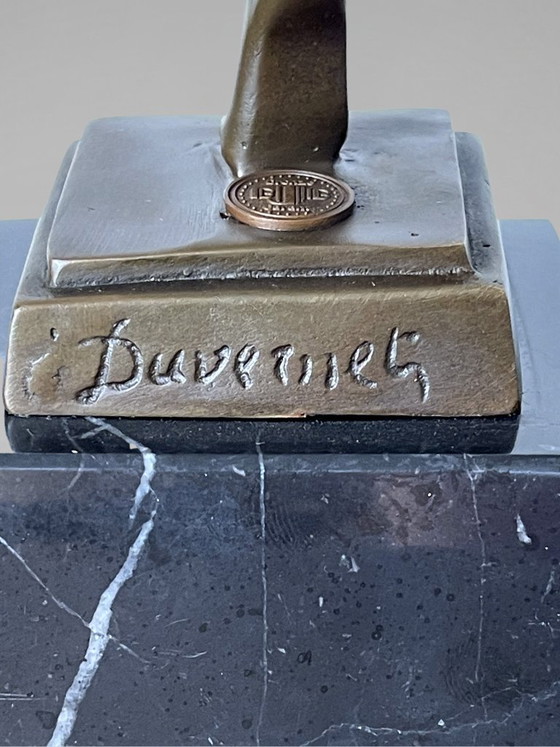 Image 1 of Art Deco sculpture of a dancer with rings in patinated bronze on a black marble-effect base – signed Duvernet – 58 cm