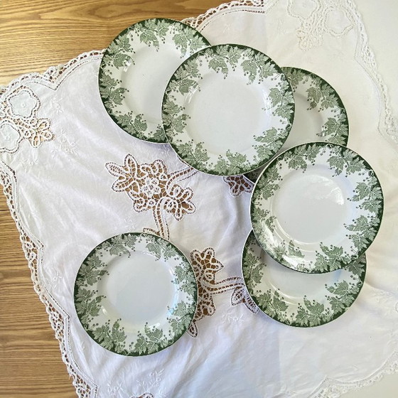 Image 1 of Set of 6 Saint Amand et Hamage ironstone dinner plates, green plane tree pattern