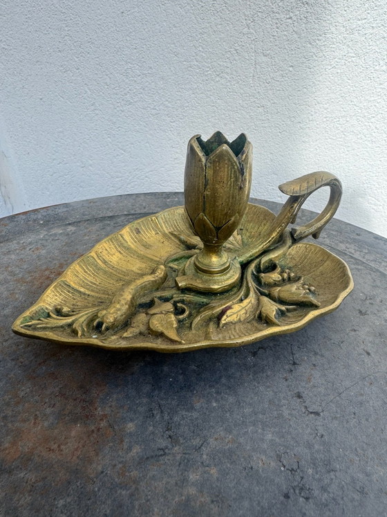 Bougeoir bronze feuille lotus Art Nouveau, Bougeoirs et chandeliers, Doré (photo 4 sur 15)
