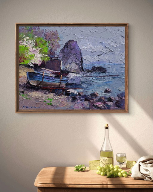 Original Oil Painting Seashore Rocks Boat On The Shore Calm Of A Sea Morning – schilderijen tekeningen, Canvas (photo 2 of 7)