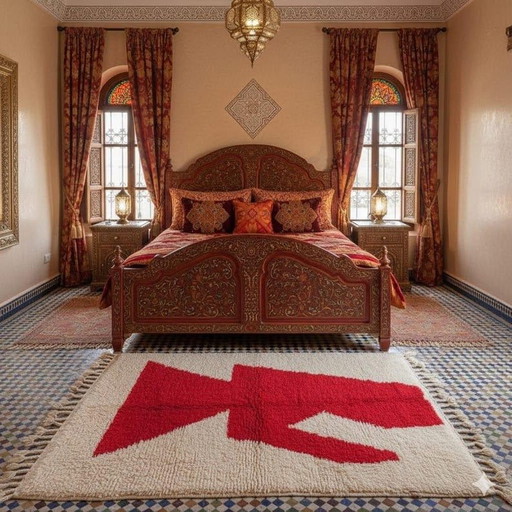 Alfombra Beni Ouraine, hecha a mano al estilo tradicional marroquí, roja y blanca, 150x250 cm.