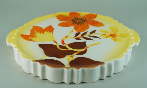 Image 1 of 1930s CAKE PLATTER by theodor paetsch floral spray-painted decoration spritzdekor art deco ceramics
