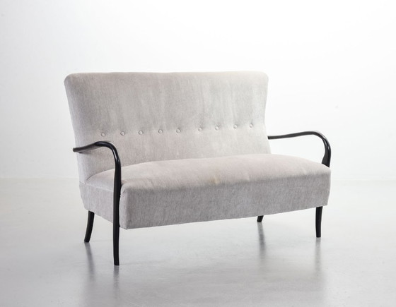 Image 1 of Distinguished Italian Mid-Century Design Guglielmo Ulrich Two Seat Sofa in Soft Silver Velvet Fabric. Italy, 1950s.