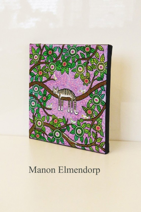 Image 1 of Hand-painted Painting Cat & Birds New 20x20 cm